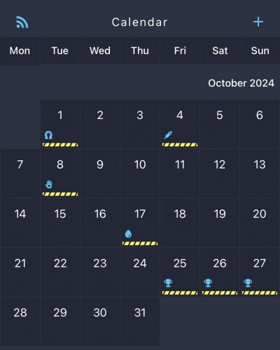 The calendar with some of its planned events icons.